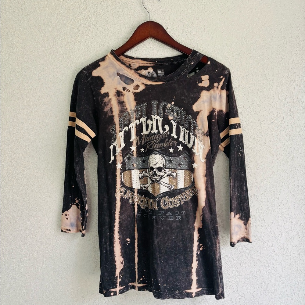 Affliction Distressed Long Sleeve Tee in Black and Tan